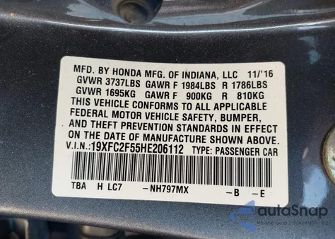 2017 Honda Civic Lx из США, поврежденный, VIN 19XFC2F55HE206112